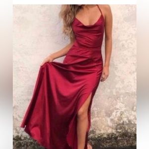 Red Satin Cowl Neck Satin Prom Dress